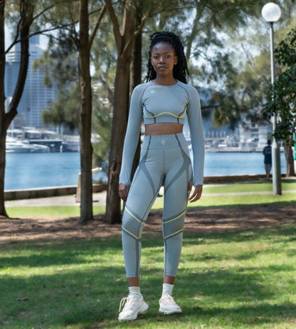 2 Piece Stripped Gym set with Yoga Pants and Cropped Long Sleeve Top