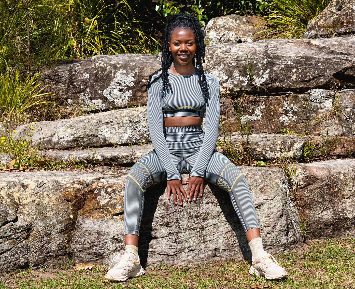 2 Piece Stripped Gym set with Yoga Pants and Cropped Long Sleeve Top