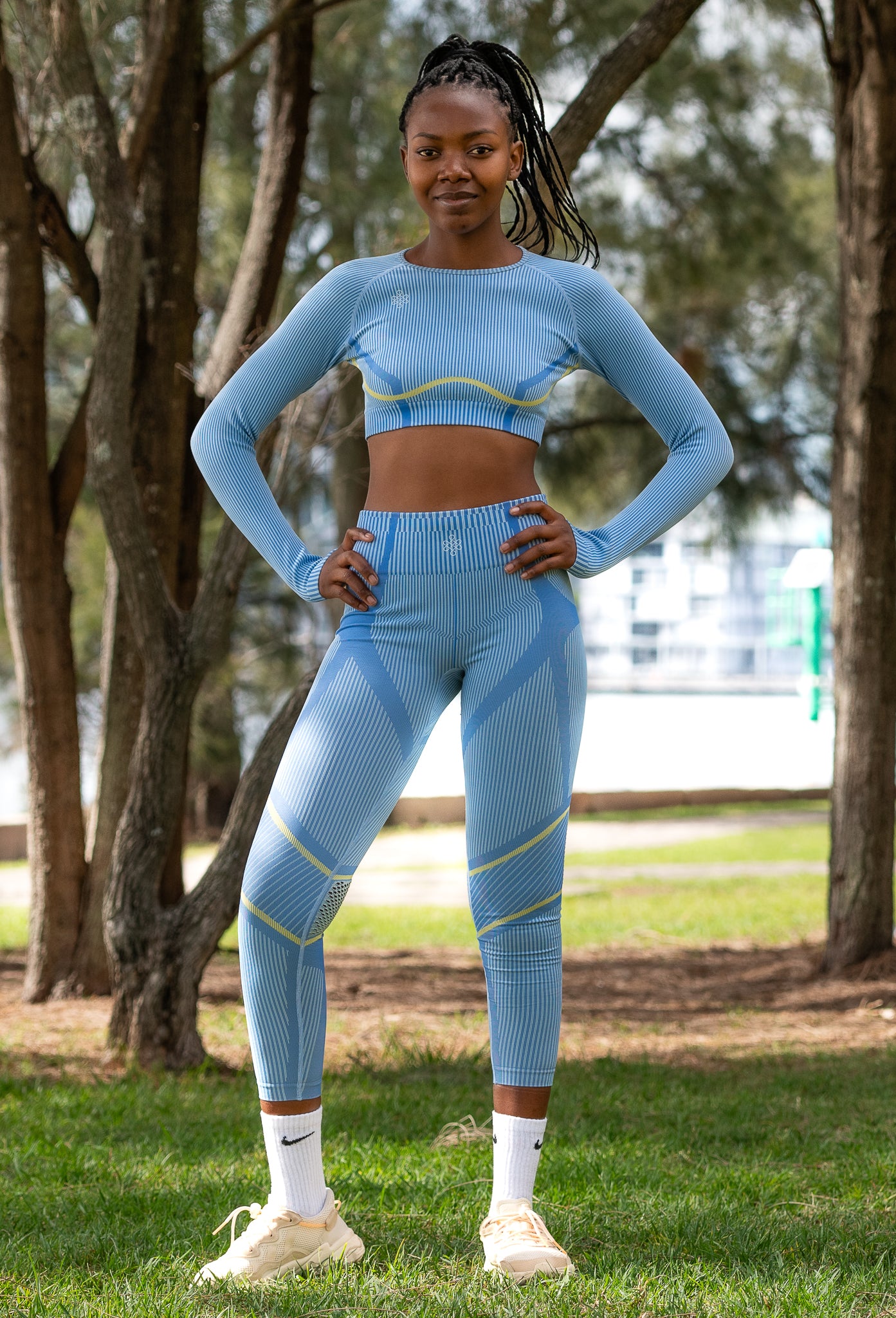 2 Piece Stripped Gym set with Yoga Pants and Cropped Long Sleeve Top