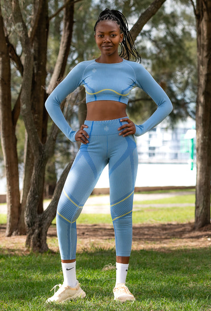 2 Piece Stripped Gym set with Yoga Pants and Cropped Long Sleeve Top