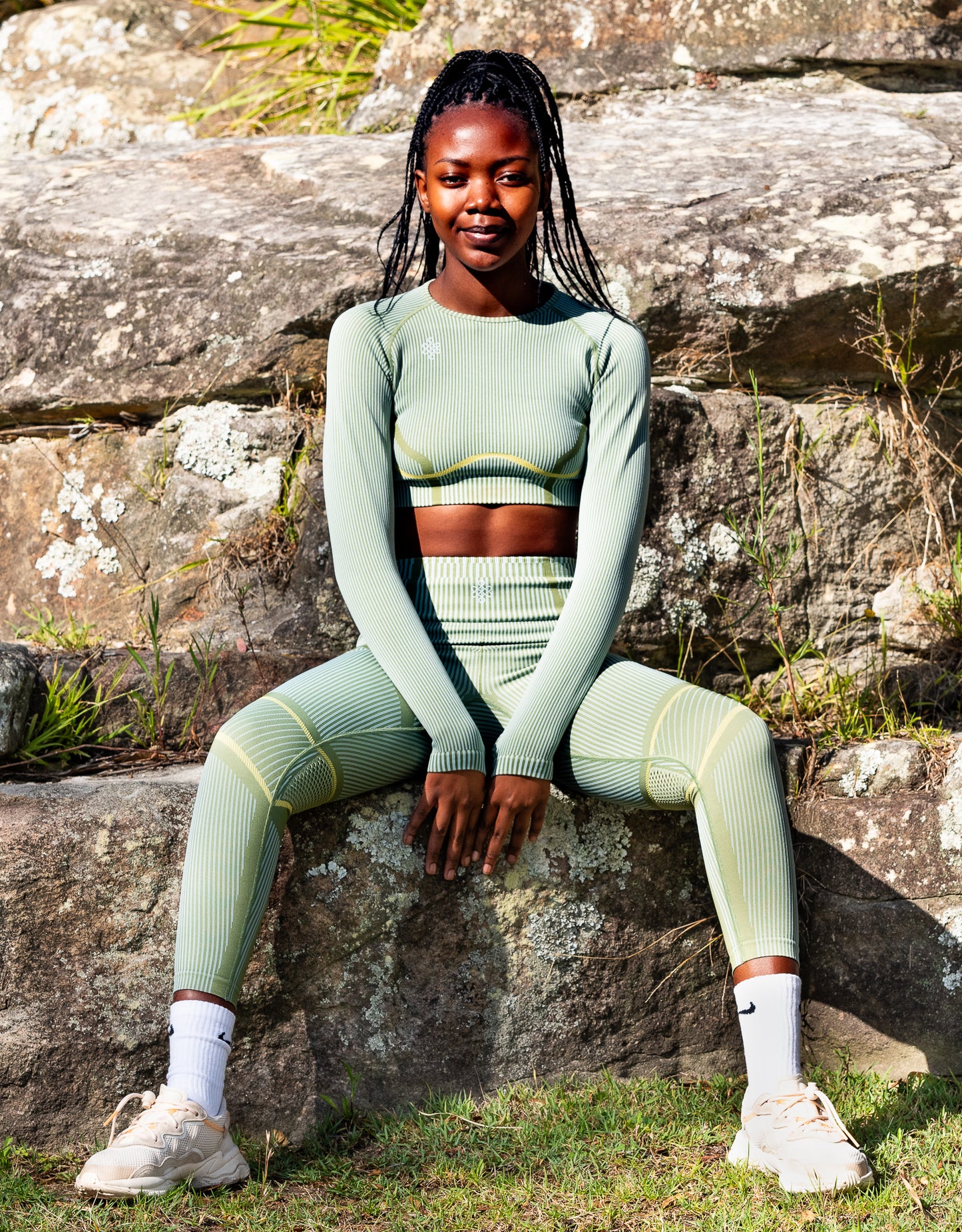 2 Piece Stripped Gym set with Yoga Pants and Cropped Long Sleeve Top