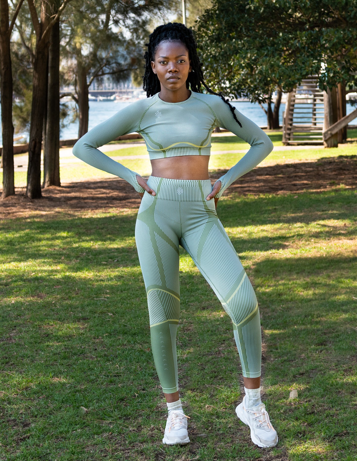 2 Piece Stripped Gym set with Yoga Pants and Cropped Long Sleeve Top